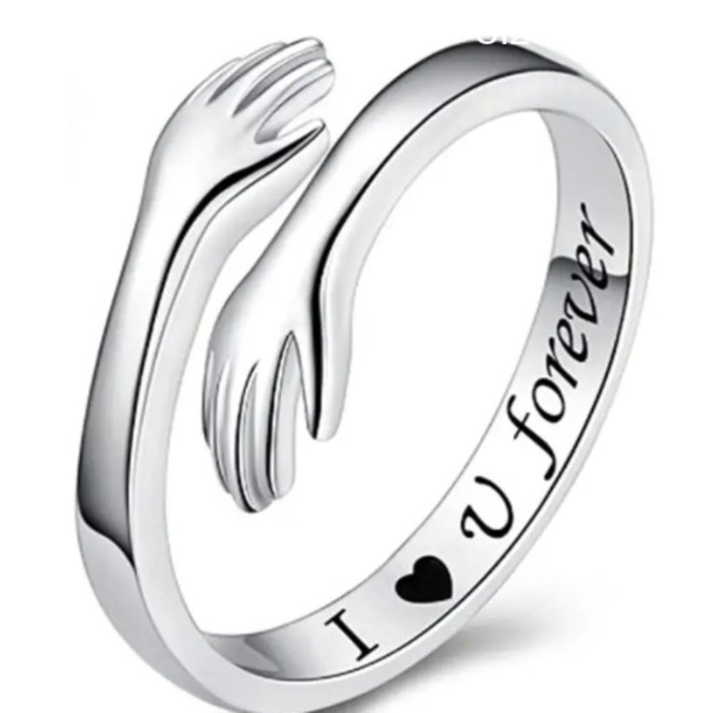 Hugging Arms Engraved ''I ❤ You Forever' Stainless Steel Ring Adjustable